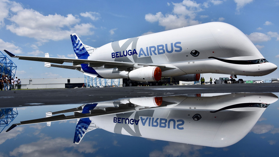 BelugaXL מחייך. המטוס מוצג בטולוז בפני אורחים ועיתונאים. צילום איירבוס